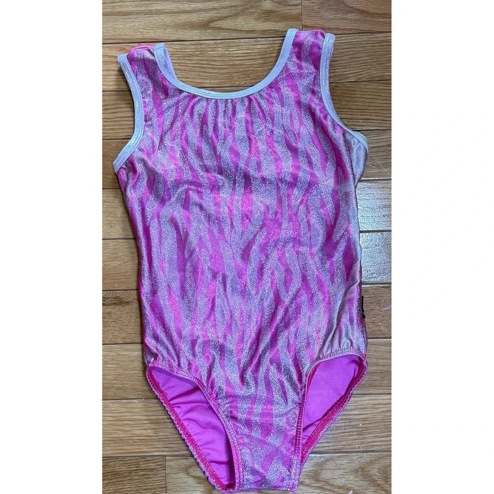 Destira Girls Pink Zebra Metallic Glitter Gymnastics Leotard Cutout Back Size M